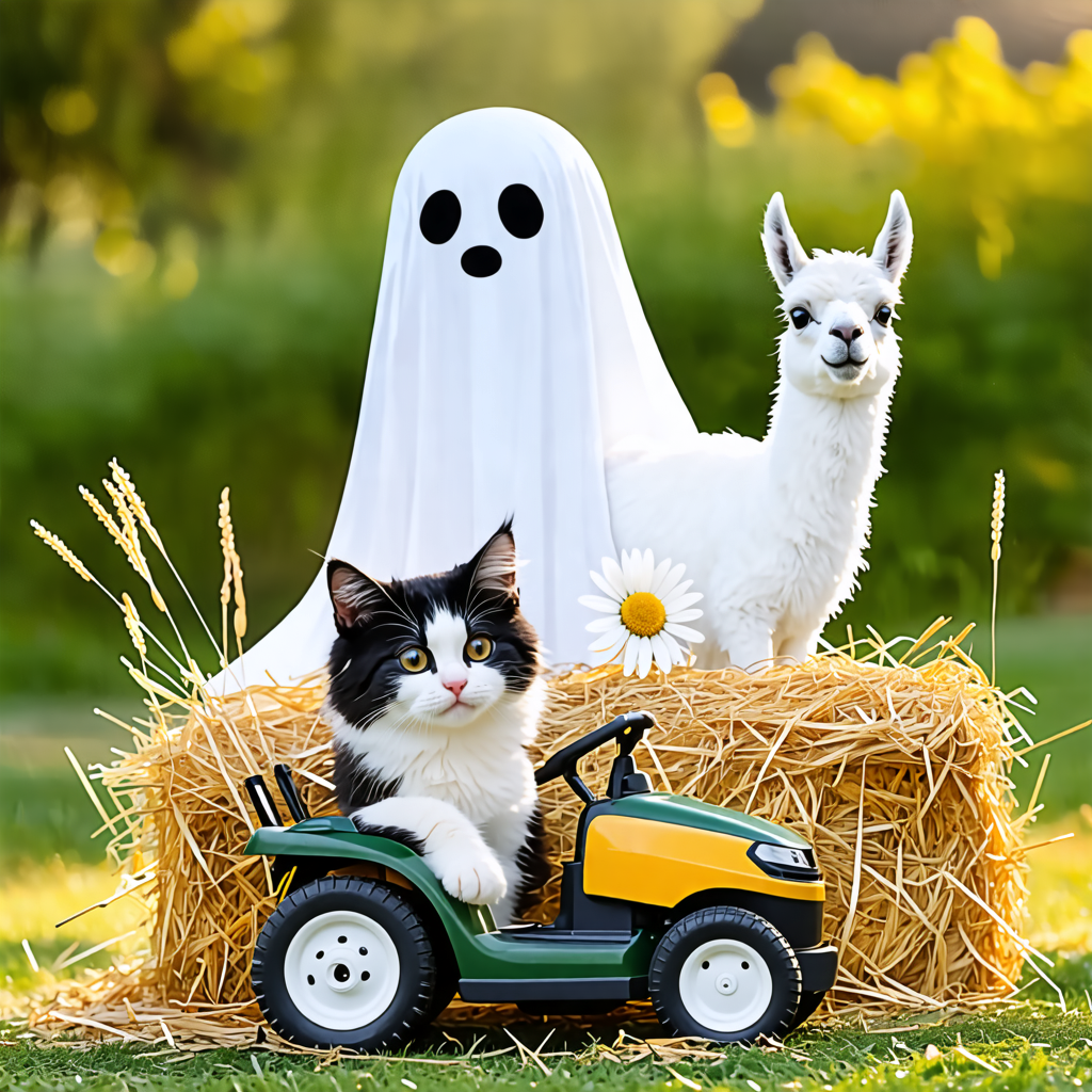 hay, ghost, lawn mower, cat, cushion, daisy, kayak, door, llama, kitten